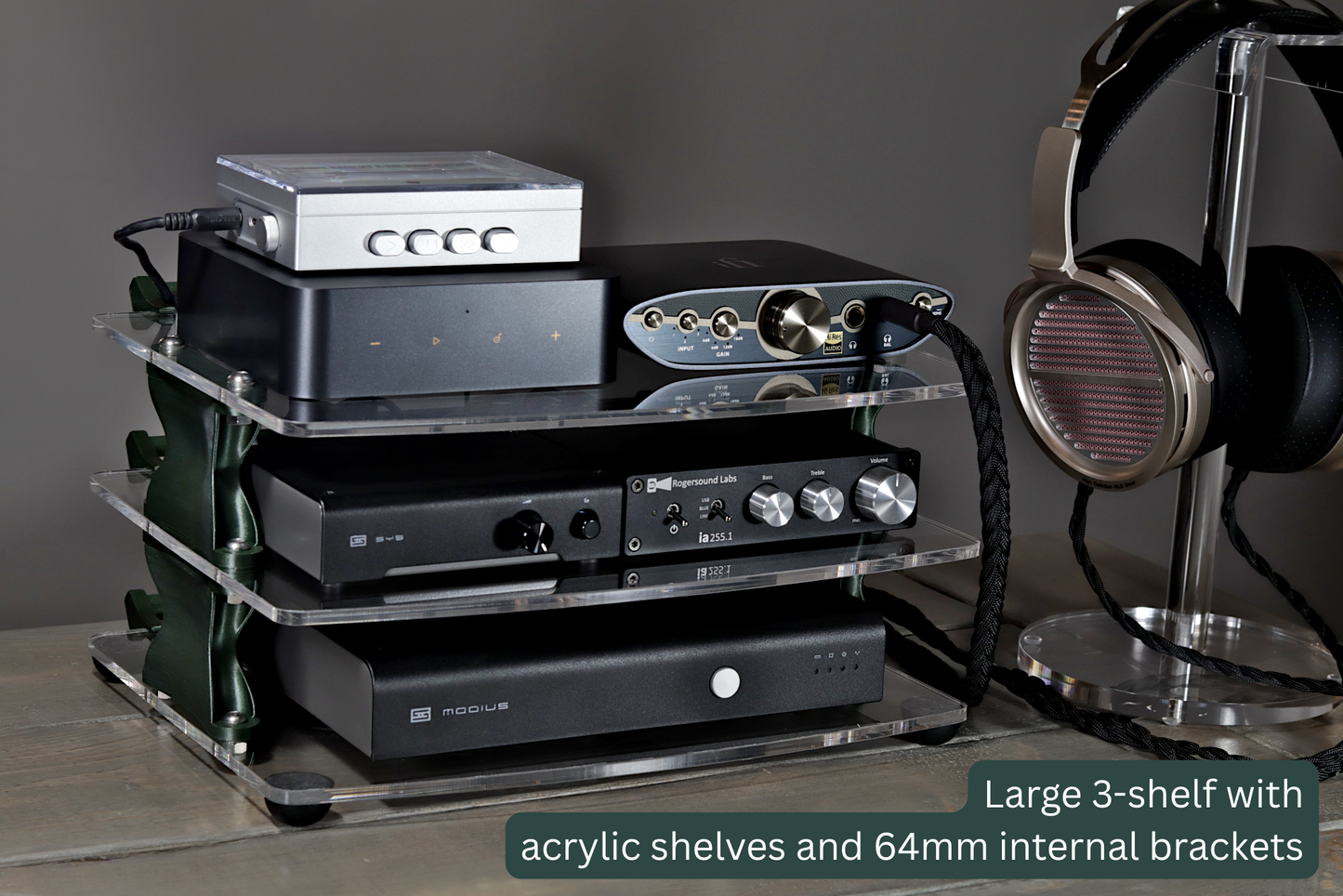 Large Desktop Audio Rack | Internal Brackets | Acrylic Shelves